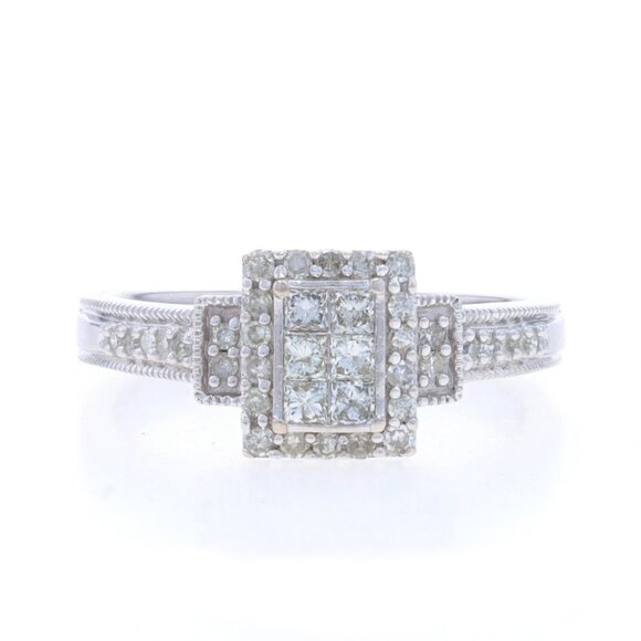 White Gold Diamond Cluster Halo Ring - 14k Princess .50ctw Milgrain Engagement